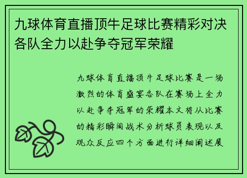 九球体育直播顶牛足球比赛精彩对决各队全力以赴争夺冠军荣耀
